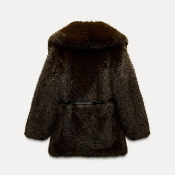 Zara FAUX FUR COAT WITH BELT - Picture 7 of 13